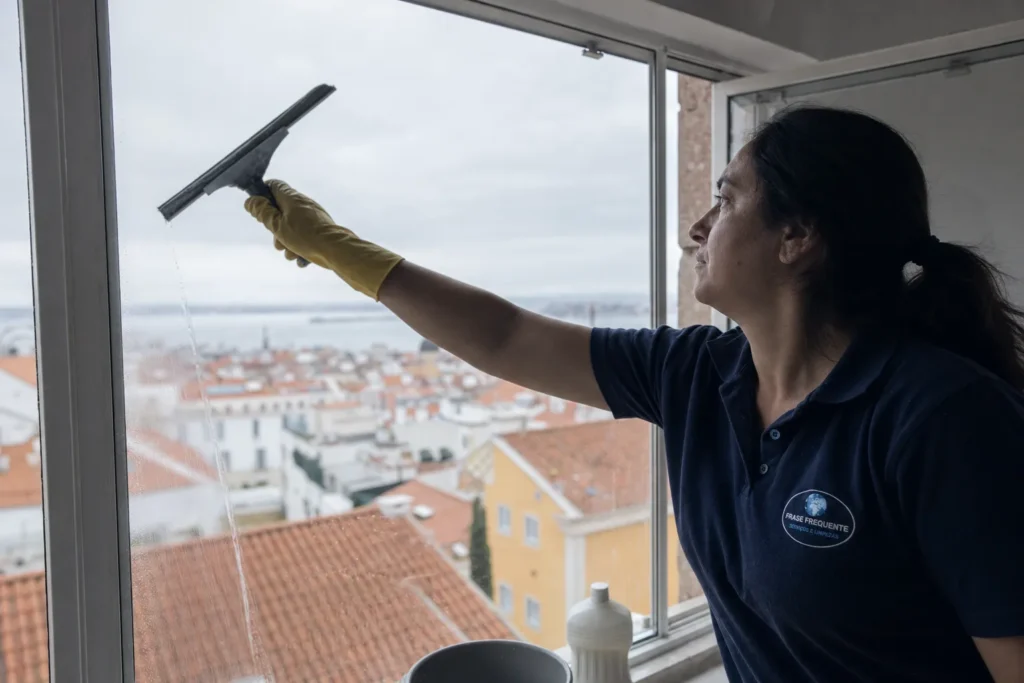 Limpeza de vidros com os telhados de Lisboa ao fundo