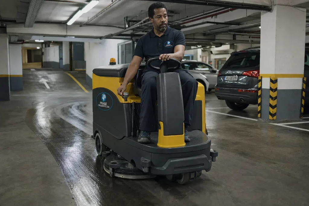 Profissional da Frase Frequente a lavar o piso de uma garagem com maquina de conducao sentada